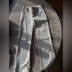 Chic Cream Lace-Up Wide Leg Jeans